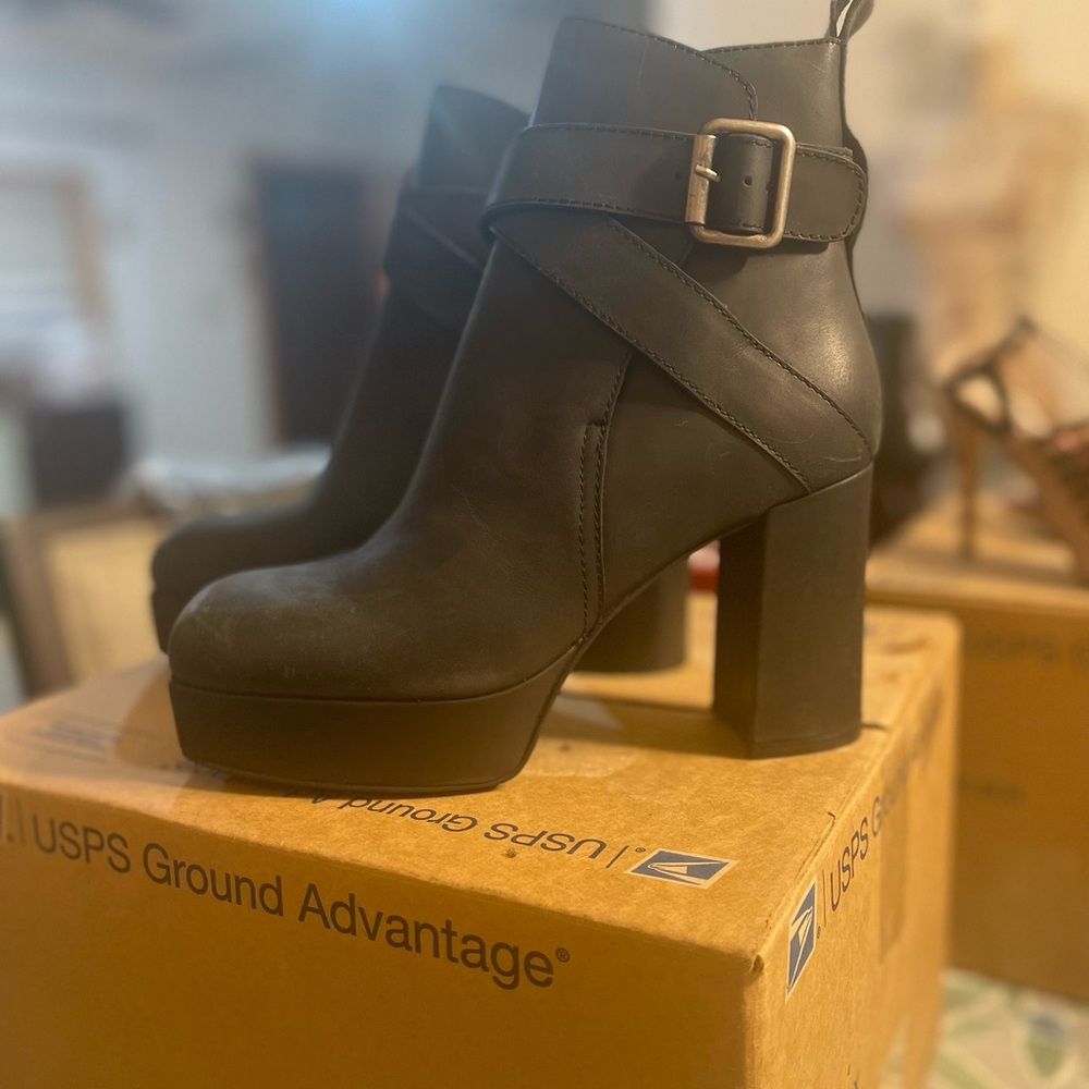 Jeffrey Campbell Black Leather Platform Ankle Boot with Buckle